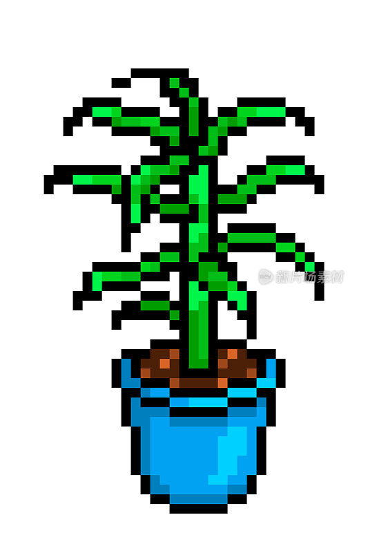 芦荟木在一个蓝色的罐子，像素艺术图标孤立在白色。8位装饰盆栽室内植物标志。家庭/办公室内部元素。老式老虎机/电子游戏图像。